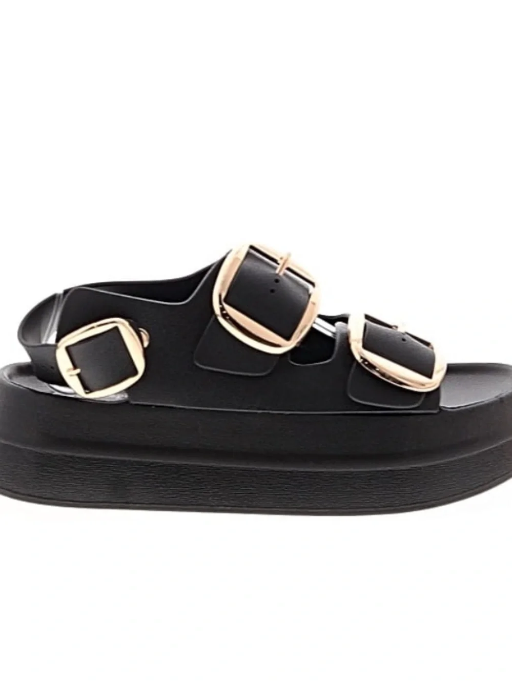 Jeffrey Campbell Black Slide Sandals with Gold Buckles